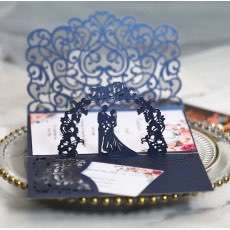 3D Wedding Invitation Card Dark-blue Laser Cut Paper